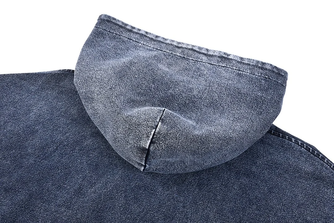 Washed denim pullover hoodie · KB-03 · Sapphire blue · Base garment photograph