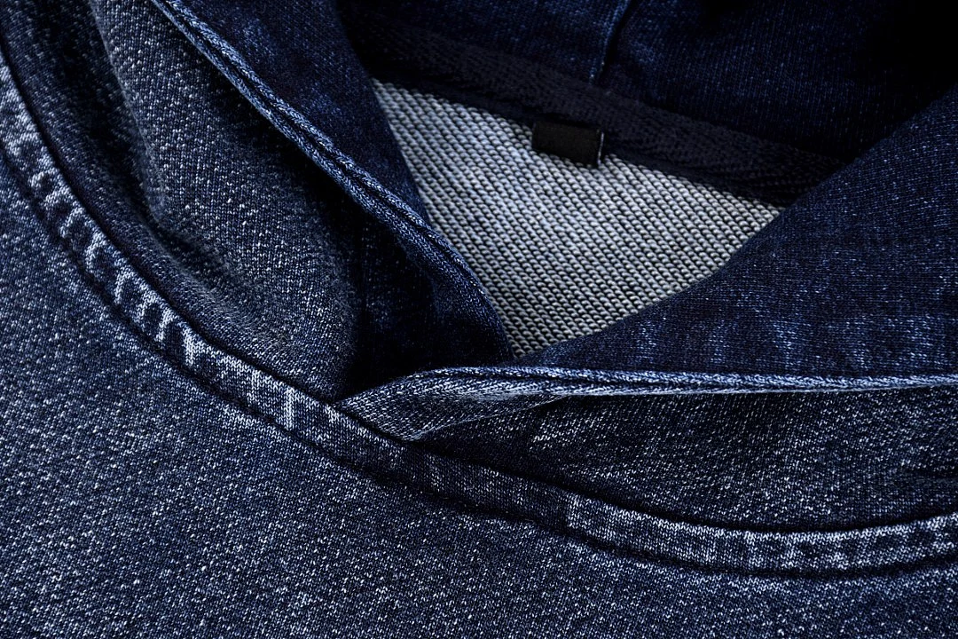 Washed denim pullover hoodie · KB-03 · Sapphire blue · Base garment photograph