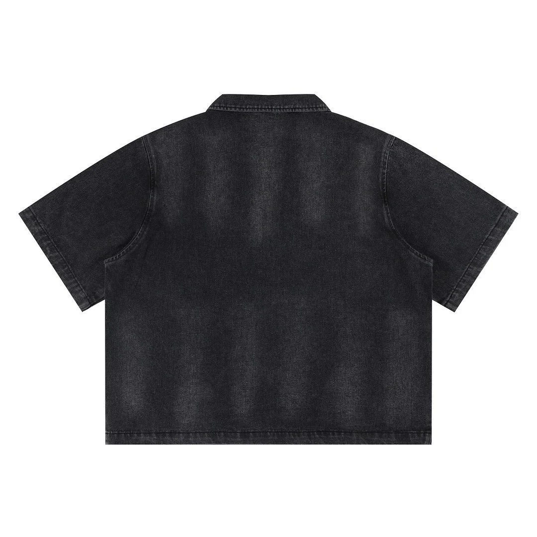 Washed short-sleeve zip denim shirt · KB-06 · Black · Base garment photograph