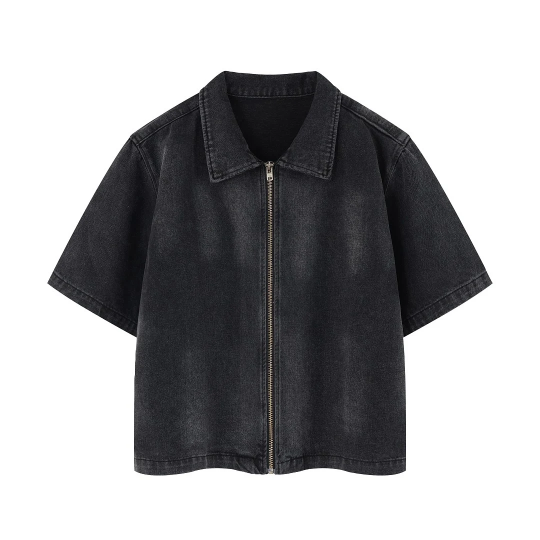 Washed short-sleeve zip denim shirt · KB-06 · Black · Front · Base garment photograph