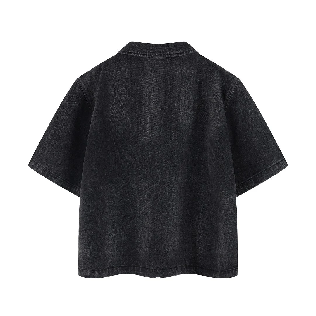 Washed short-sleeve zip denim shirt · KB-06 · Black · Back · Base garment photograph