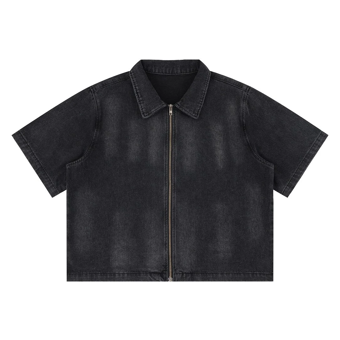 Washed short-sleeve zip denim shirt · KB-06 · Black · Base garment photograph