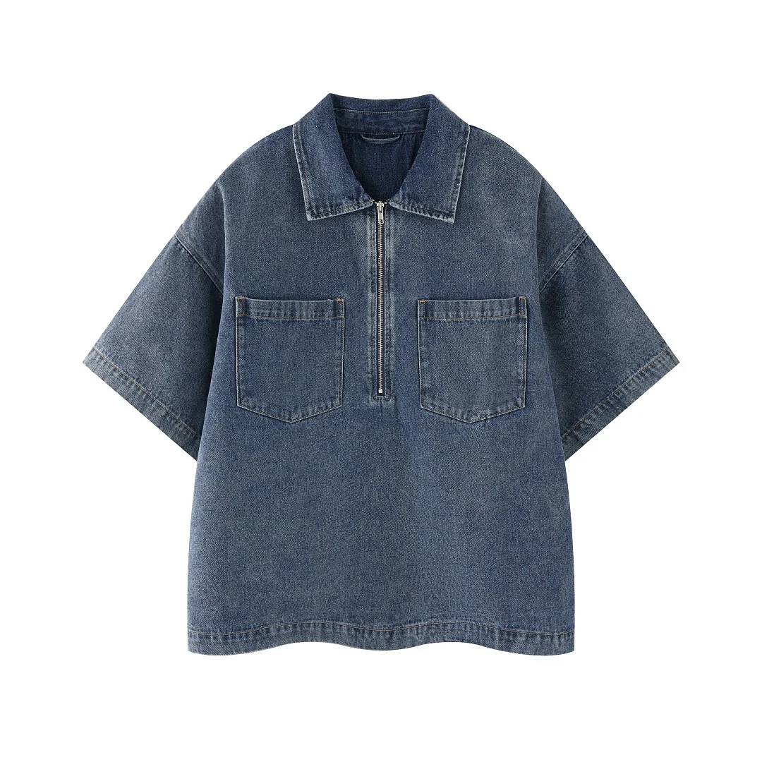 Washed half-zip denim polo · KB-07 · Blue · Base garment photograph
