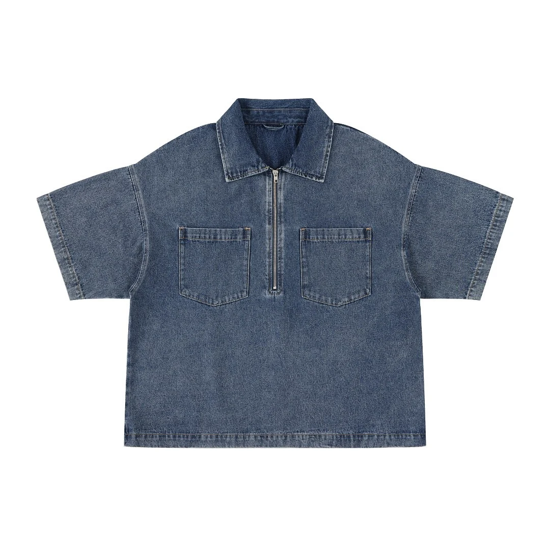 Washed half-zip denim polo · KB-07 · Blue · Front · Base garment photograph
