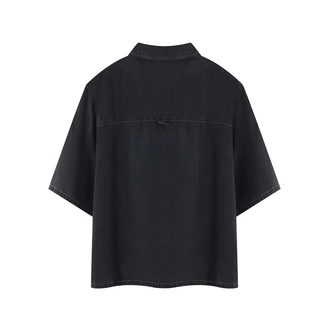 Washed relaxed denim short-sleeve shirt · KB-09 · Black · Base garment photograph