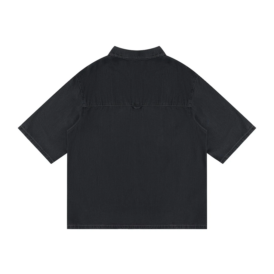 Washed relaxed denim short-sleeve shirt · KB-09 · Black · Back · Base garment photograph