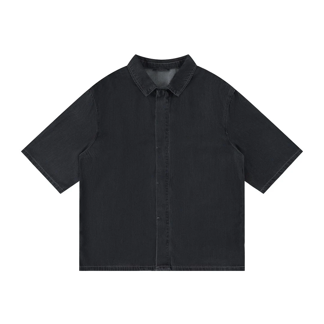Washed relaxed denim short-sleeve shirt · KB-09 · Black · Front · Base garment photograph