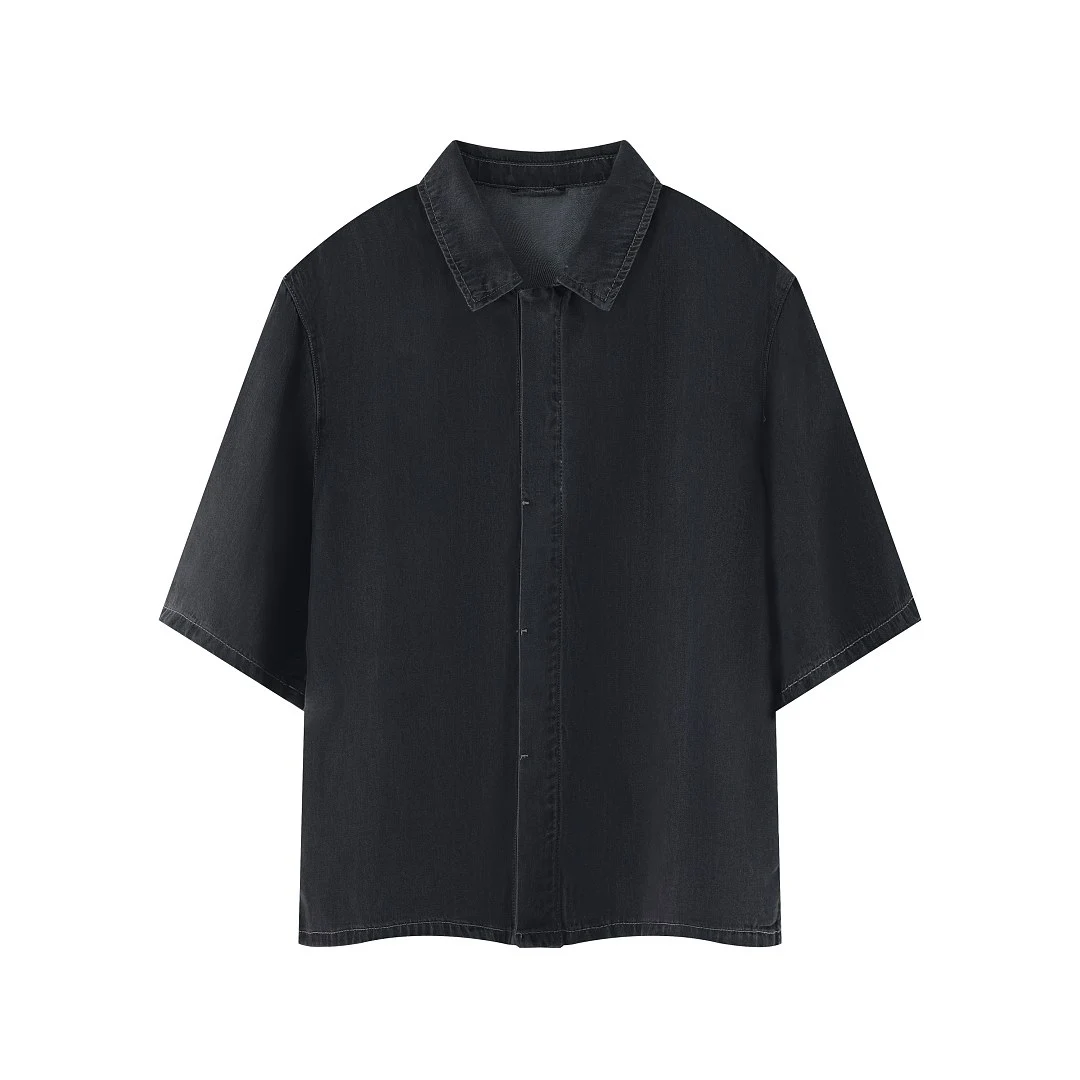 Washed relaxed denim short-sleeve shirt · KB-09 · Black · Base garment photograph