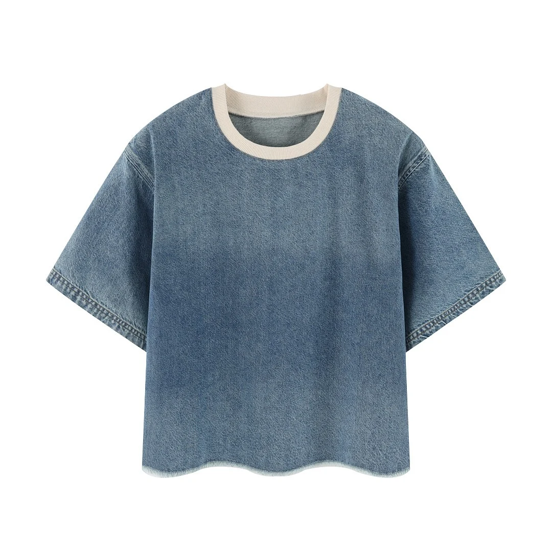 Washed contrast-neck denim tee · KB-11 · Dark blue · Base garment photograph
