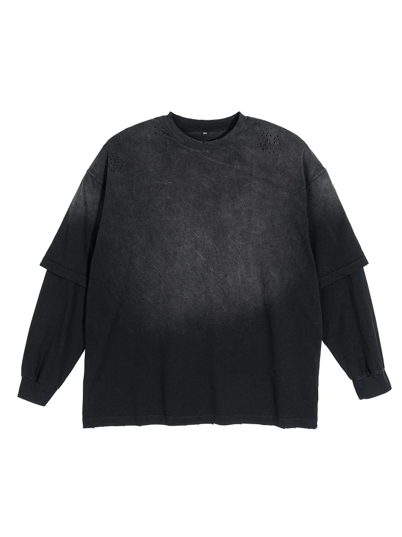 Distressed layered-sleeve tee · KF-090 · Black · Front · Base garment photograph