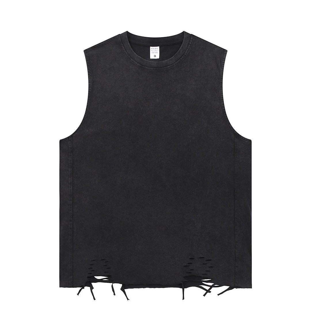 Distressed raw-hem sleeveless tee · KFGP-301 · Black · Front · Base garment photograph
