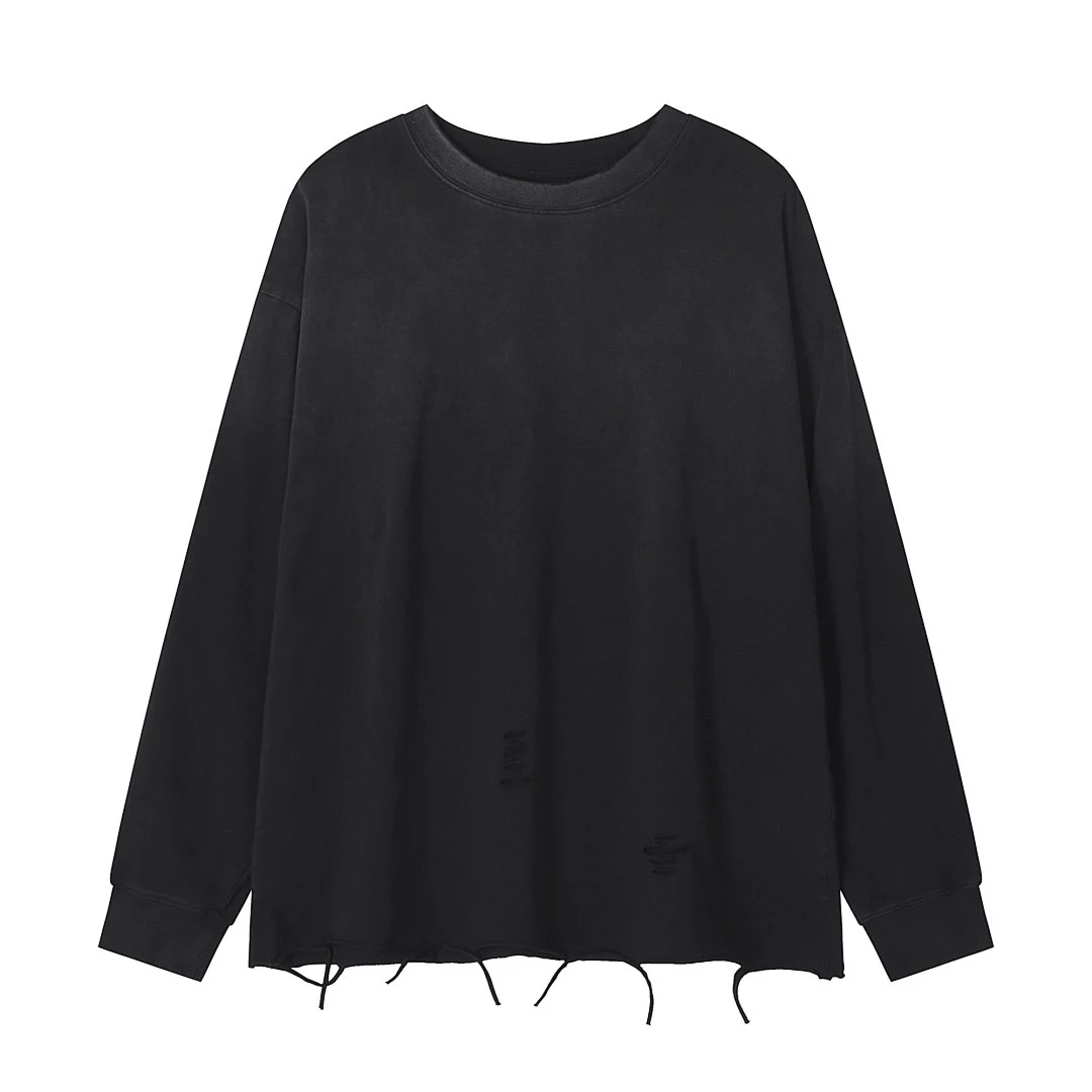 Distressed raw-hem long-sleeve tee · KFGP-303 · Black · Front · Base garment photograph