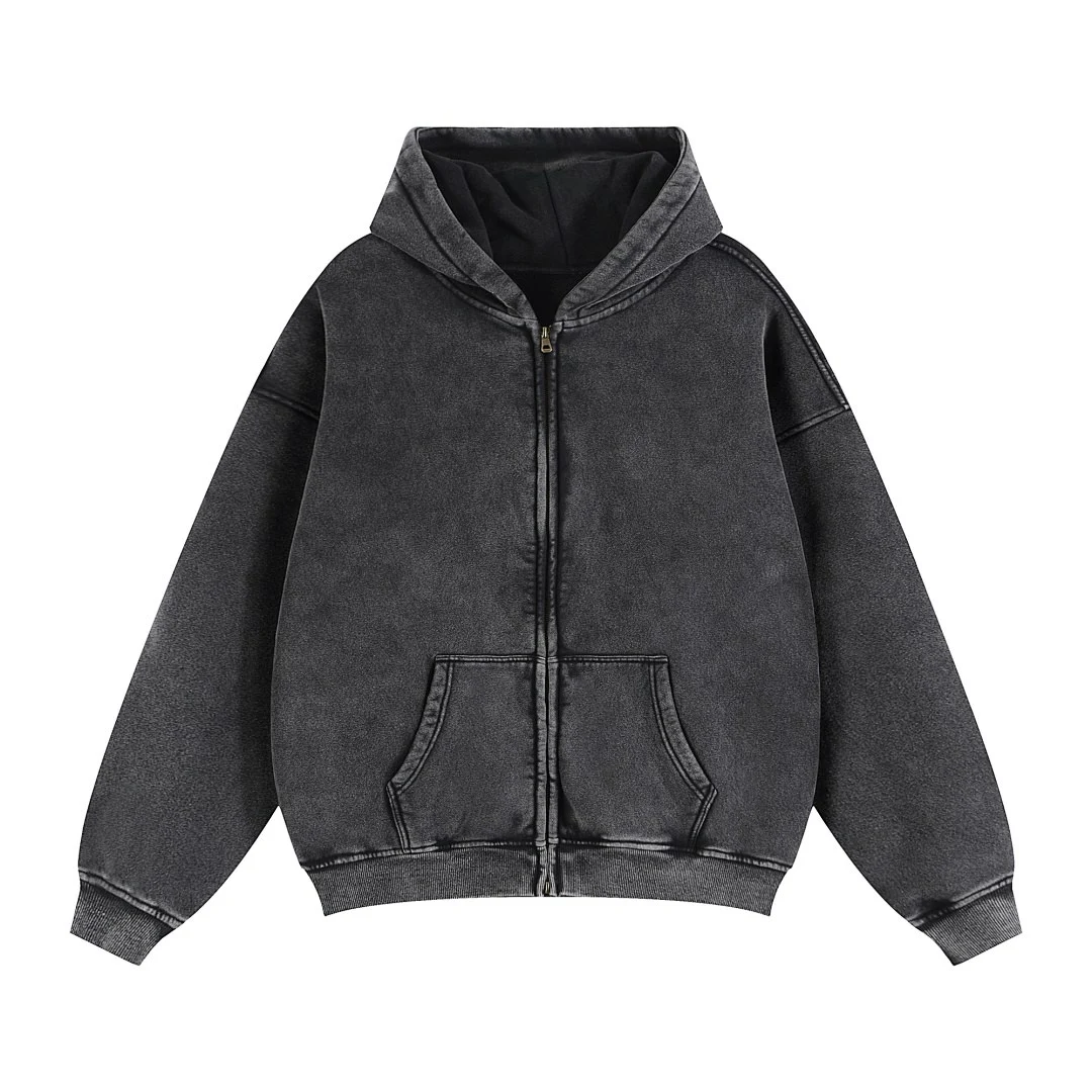 Washed relaxed zip hoodie · KFMLW-03 · Black · Front · Base garment photograph