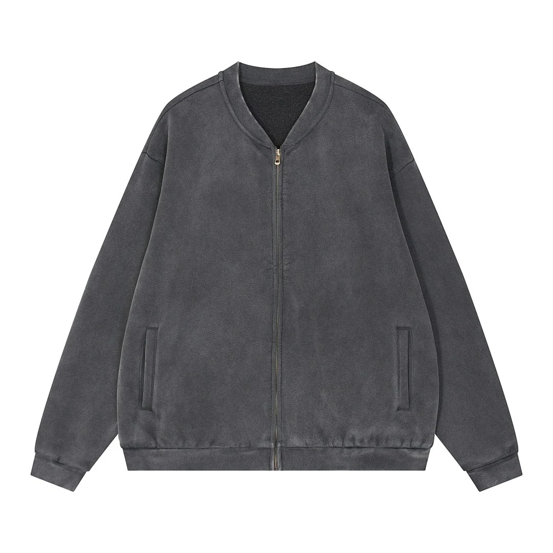 Washed rib-collar zip jacket · KFMLW-04 · Black · Front · Base garment photograph