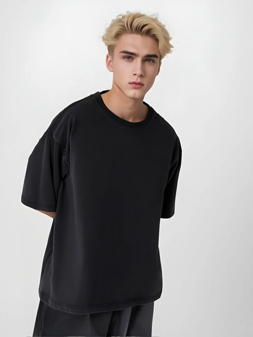 Relaxed distressed crew-neck tee · KFMT-11 · Snow black · Base garment photograph
