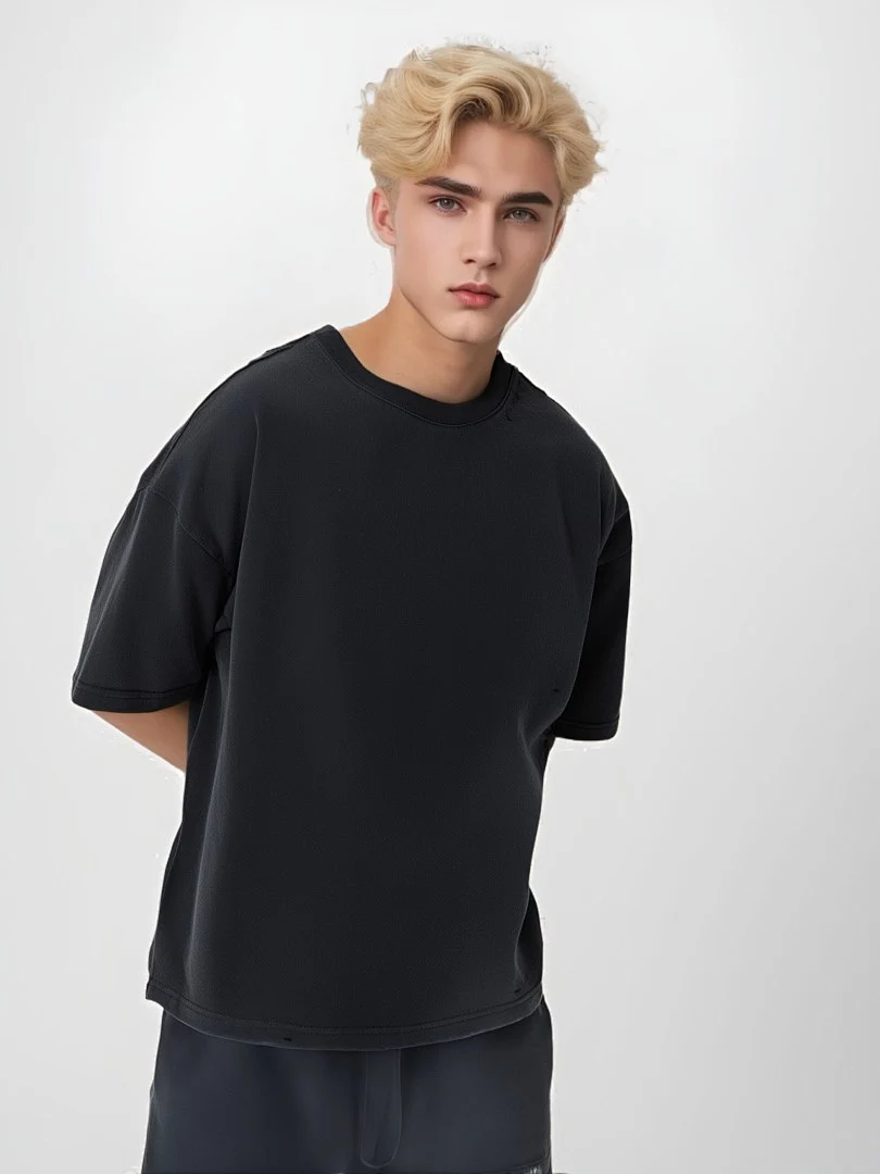 Relaxed distressed crew-neck tee · KFMT-11 · Snow black · Base garment photograph