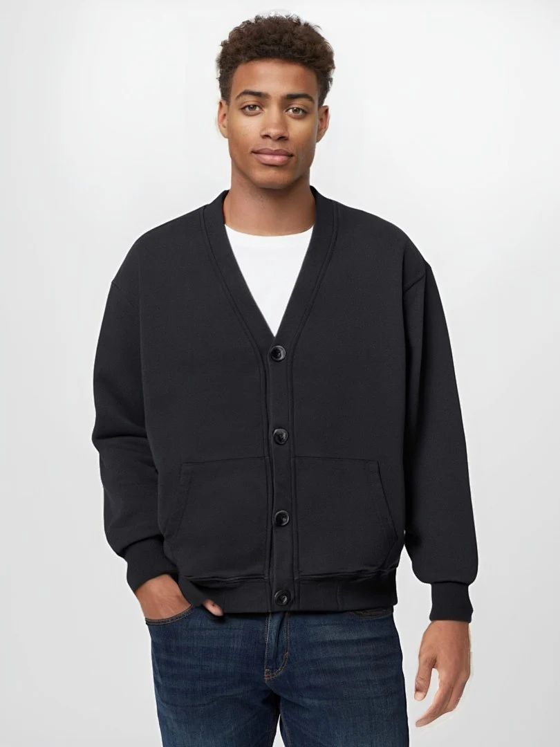 Washed V-neck button cardigan · KFMT-13 · Snow black · Base garment photograph