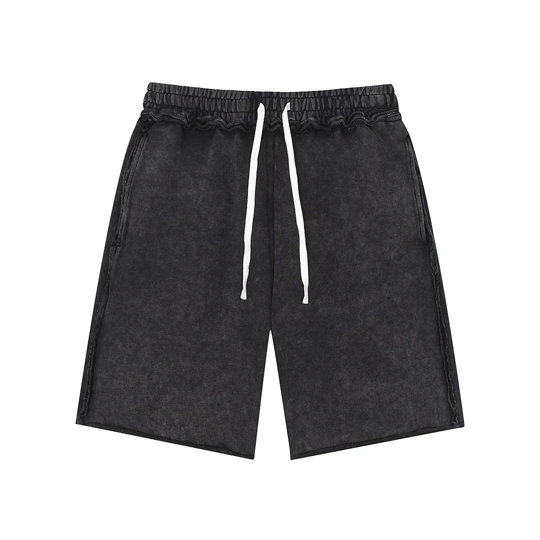 Washed raw-hem drawstring shorts · MDK-205 · Snow black · Front · Base garment photograph