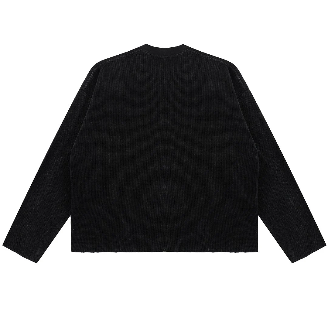 Raw-edge waffle long-sleeve tee · MT-2612 · Black · Back · Base garment photograph