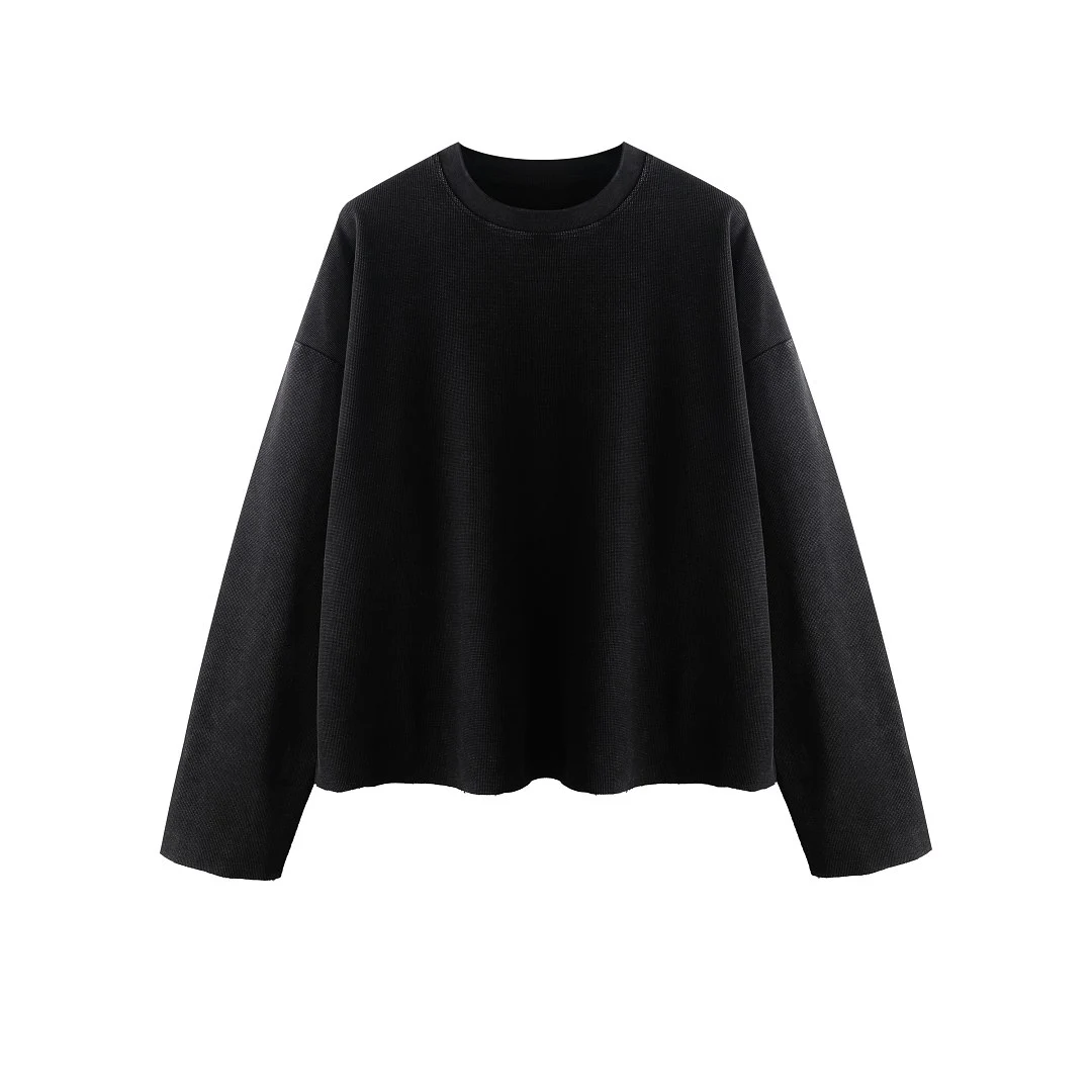 Raw-edge waffle long-sleeve tee · MT-2612 · Black · Base garment photograph