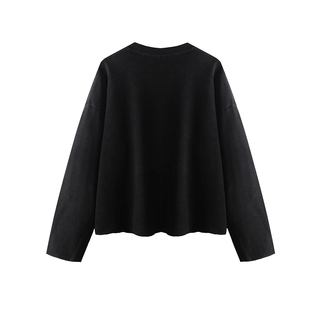 Raw-edge waffle long-sleeve tee · MT-2612 · Black · Base garment photograph