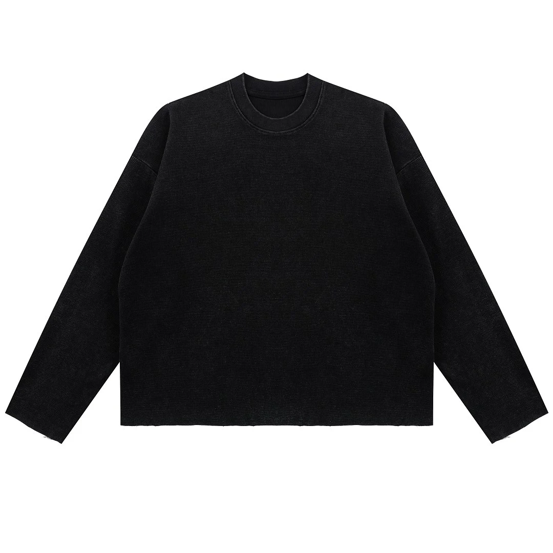 Raw-edge waffle long-sleeve tee · MT-2612 · Black · Front · Base garment photograph