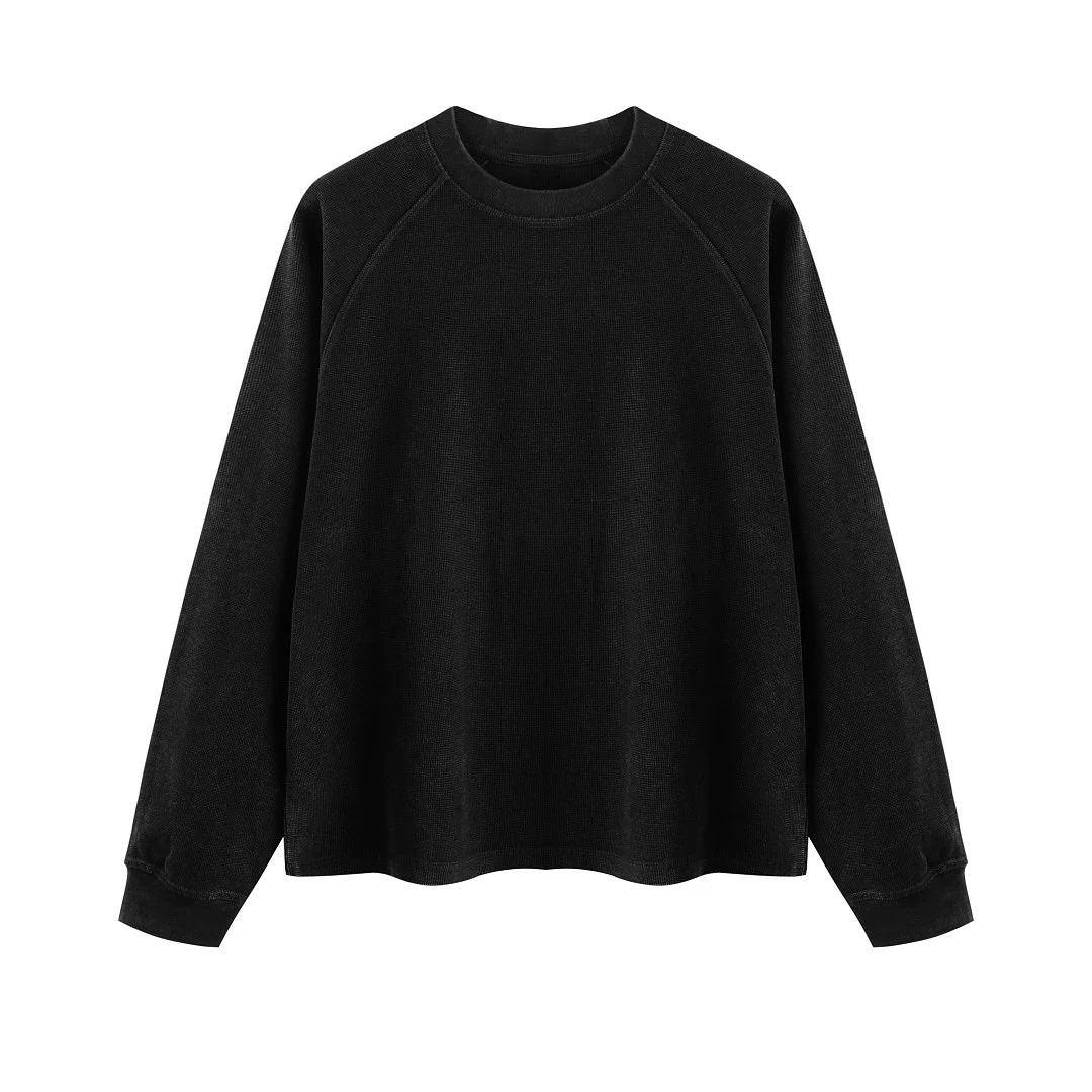 Washed waffle raglan long-sleeve tee · MT-2613 · Black · Front · Base garment photograph