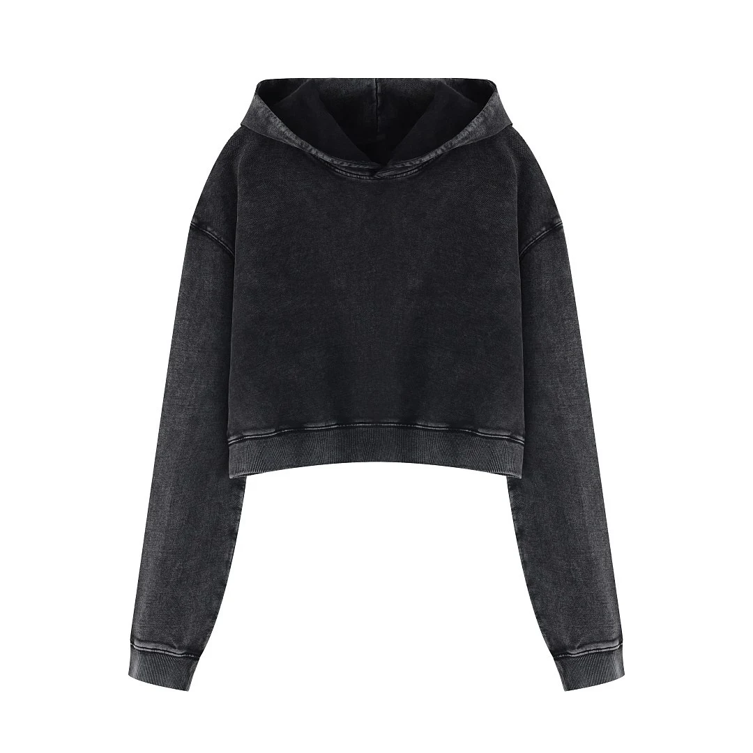 Cropped washed pullover hoodie · MT-2614 · Black · Base garment photograph