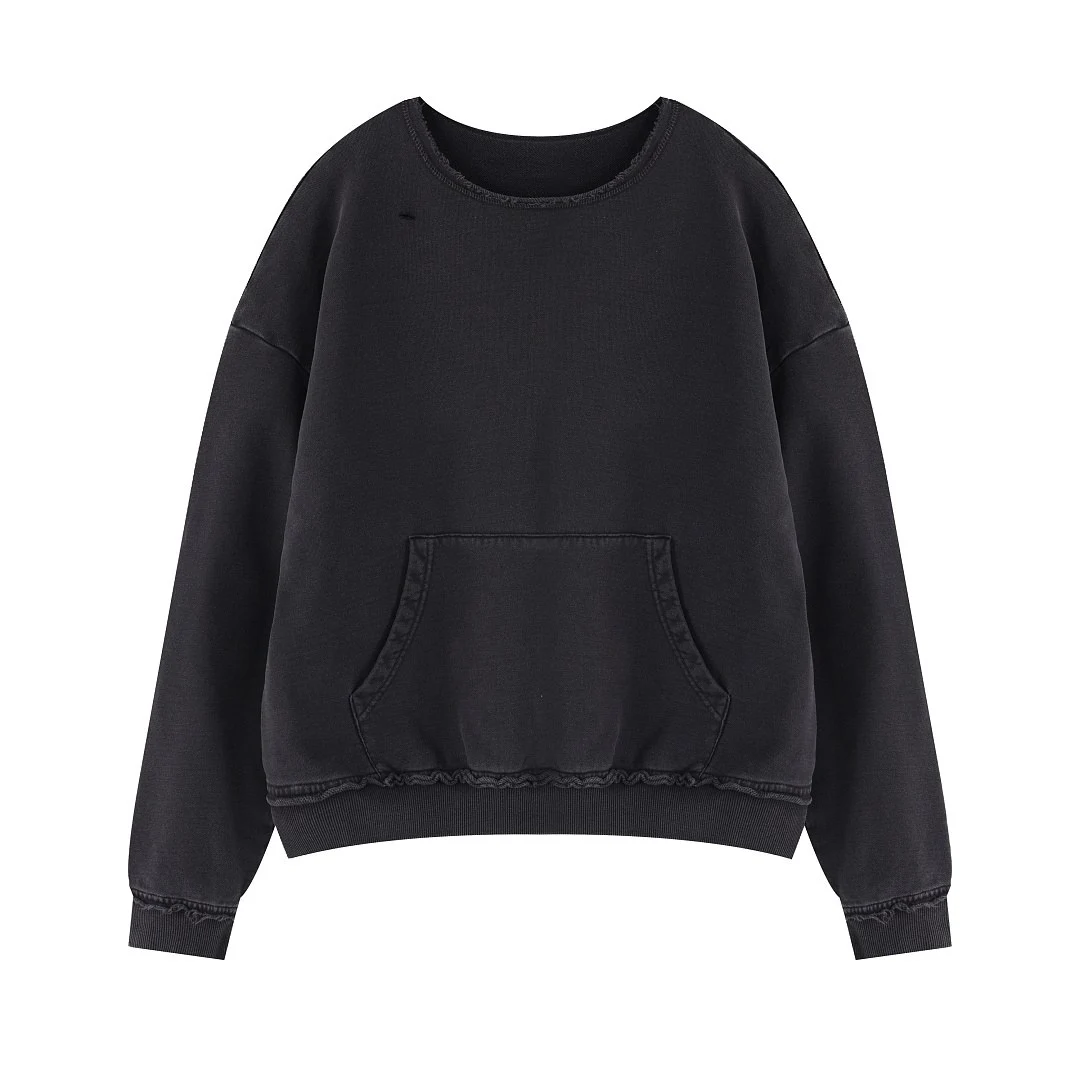 Raw-edge kangaroo-pocket sweatshirt · MT-2617 · Black · Base garment photograph