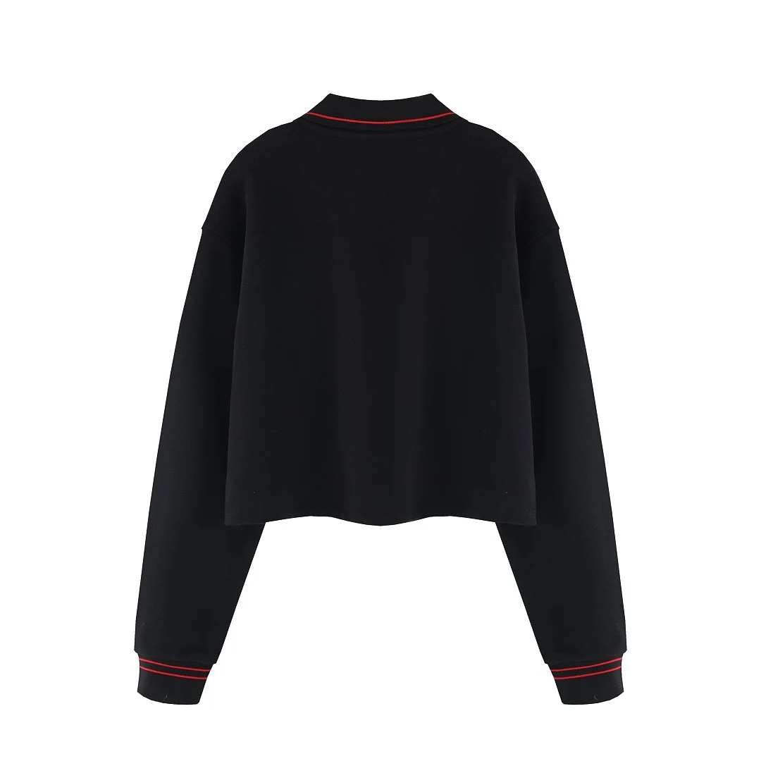 Cropped contrast-rib polo pullover · MT-2619 · Black · Base garment photograph