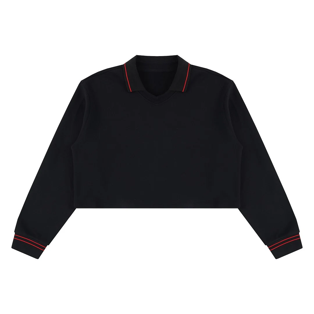 Cropped contrast-rib polo pullover · MT-2619 · Black · Front · Base garment photograph
