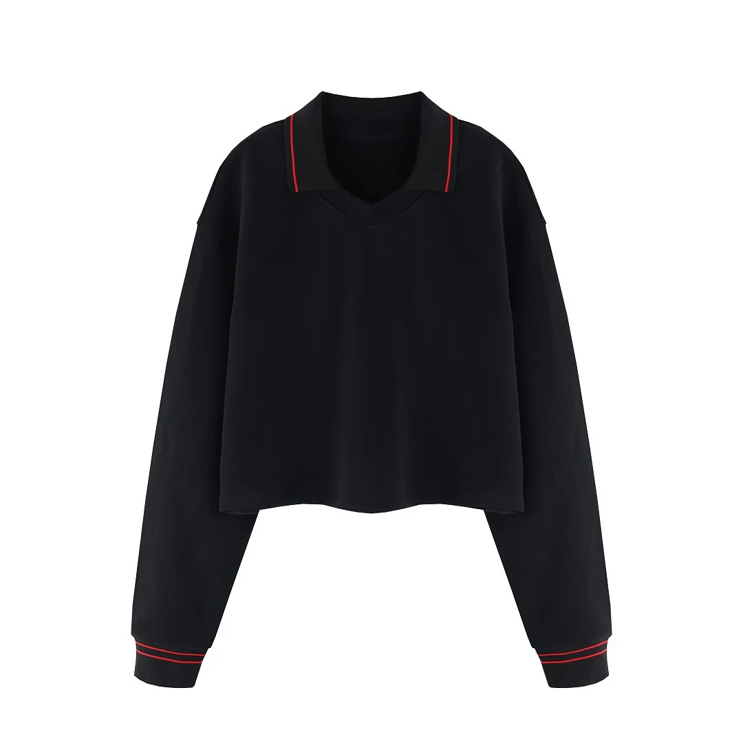 Cropped contrast-rib polo pullover · MT-2619 · Black · Base garment photograph