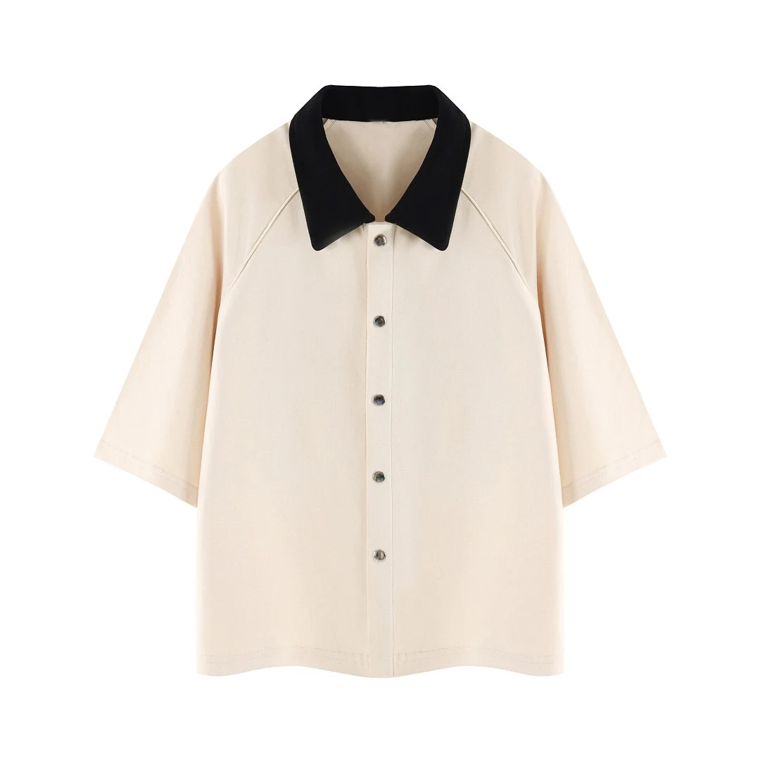 Contrast-collar short-sleeve shirt · MT-2624 · Apricot · Base garment photograph