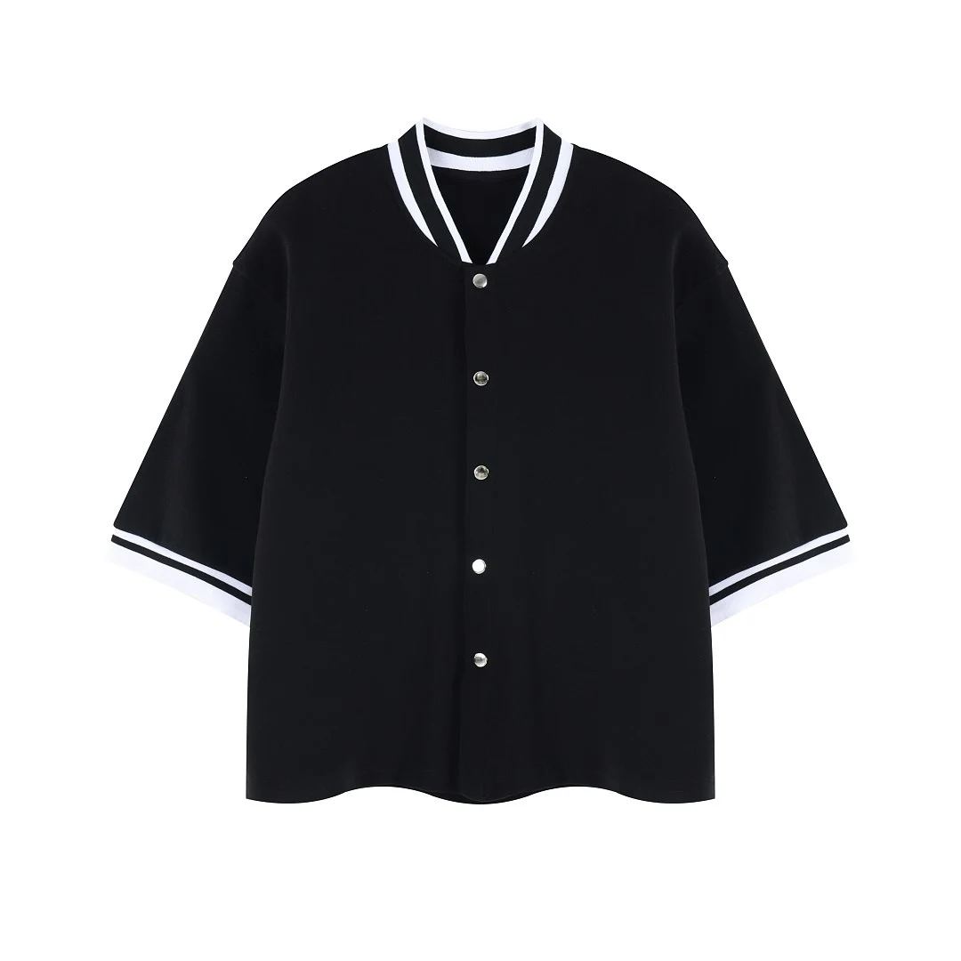 Contrast-trim short-sleeve button cardigan · MT-2625 · Black · Base garment photograph