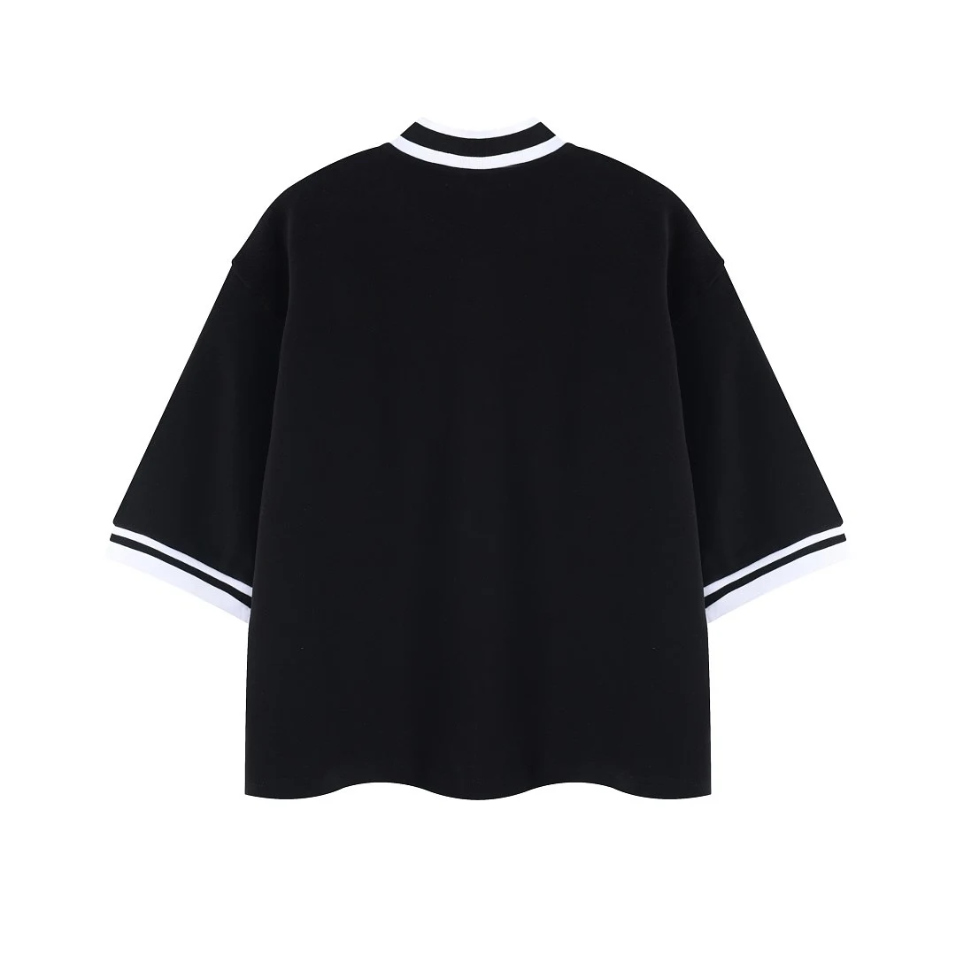 Contrast-trim short-sleeve button cardigan · MT-2625 · Black · Base garment photograph