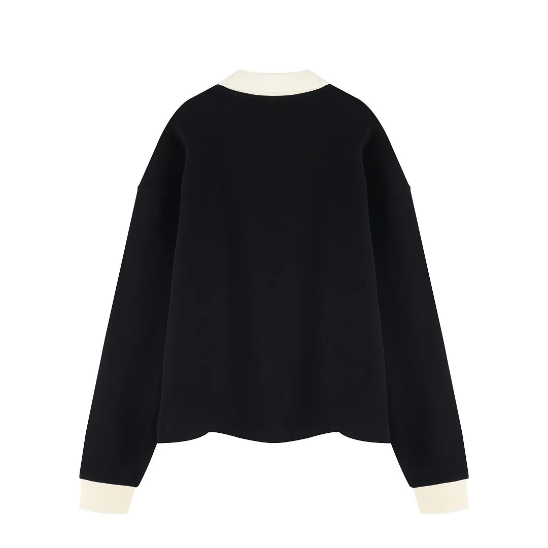 Cropped contrast-collar long-sleeve pullover · MT-2626 · Black · Base garment photograph