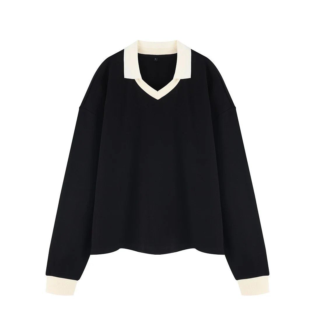 Cropped contrast-collar long-sleeve pullover · MT-2626 · Black · Base garment photograph