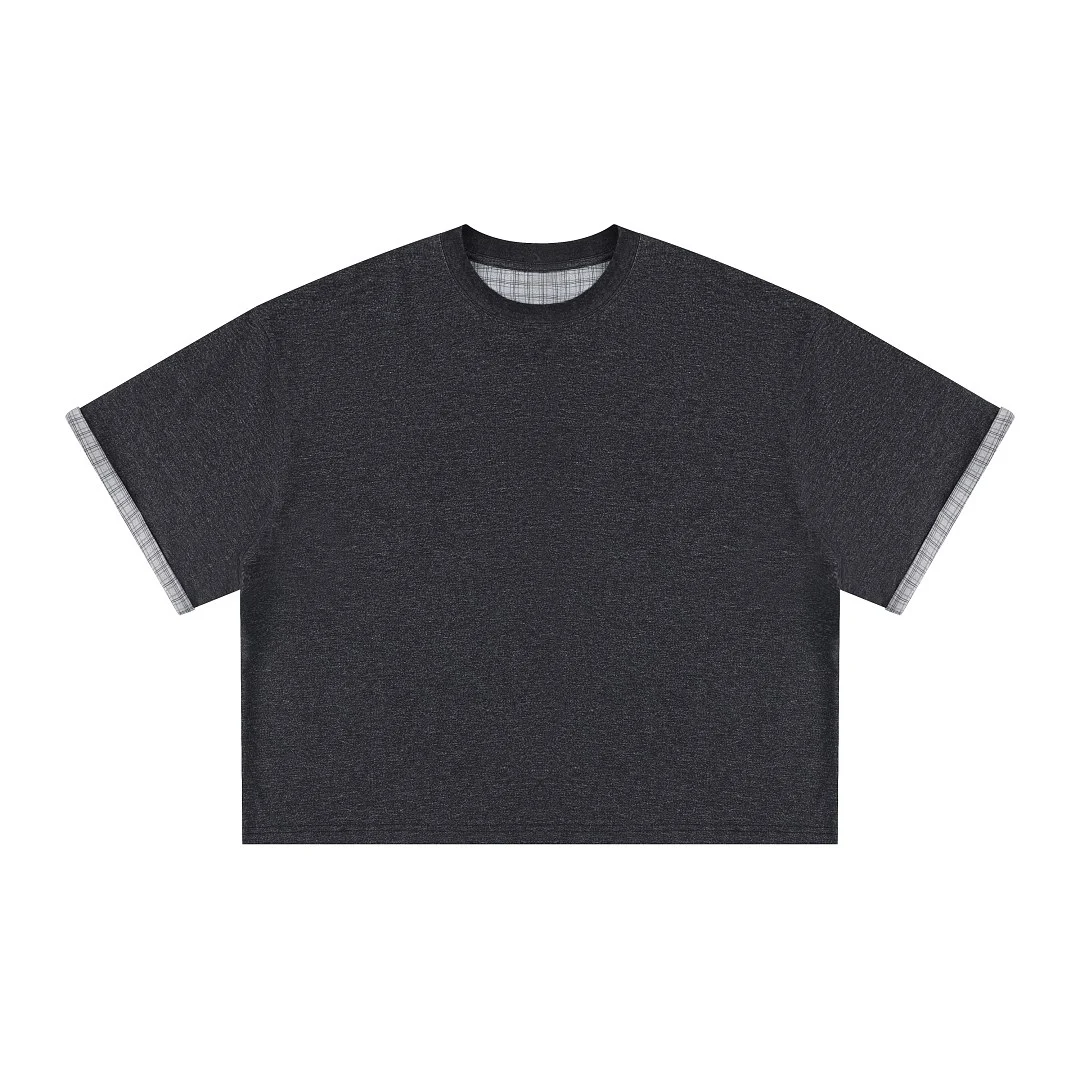 Plaid-trim relaxed crew-neck tee · MT-2629 · Black · Front · Base garment photograph