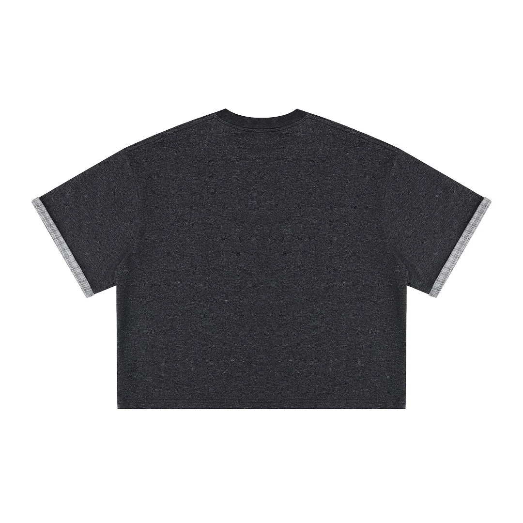Plaid-trim relaxed crew-neck tee · MT-2629 · Black · Back · Base garment photograph