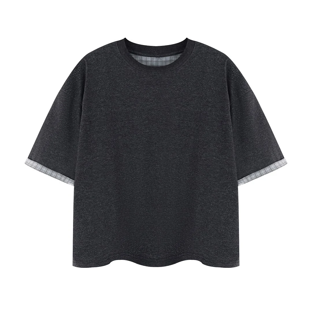 Plaid-trim relaxed crew-neck tee · MT-2629 · Black · Base garment photograph