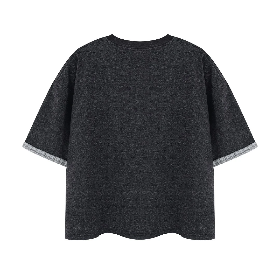 Plaid-trim relaxed crew-neck tee · MT-2629 · Black · Base garment photograph