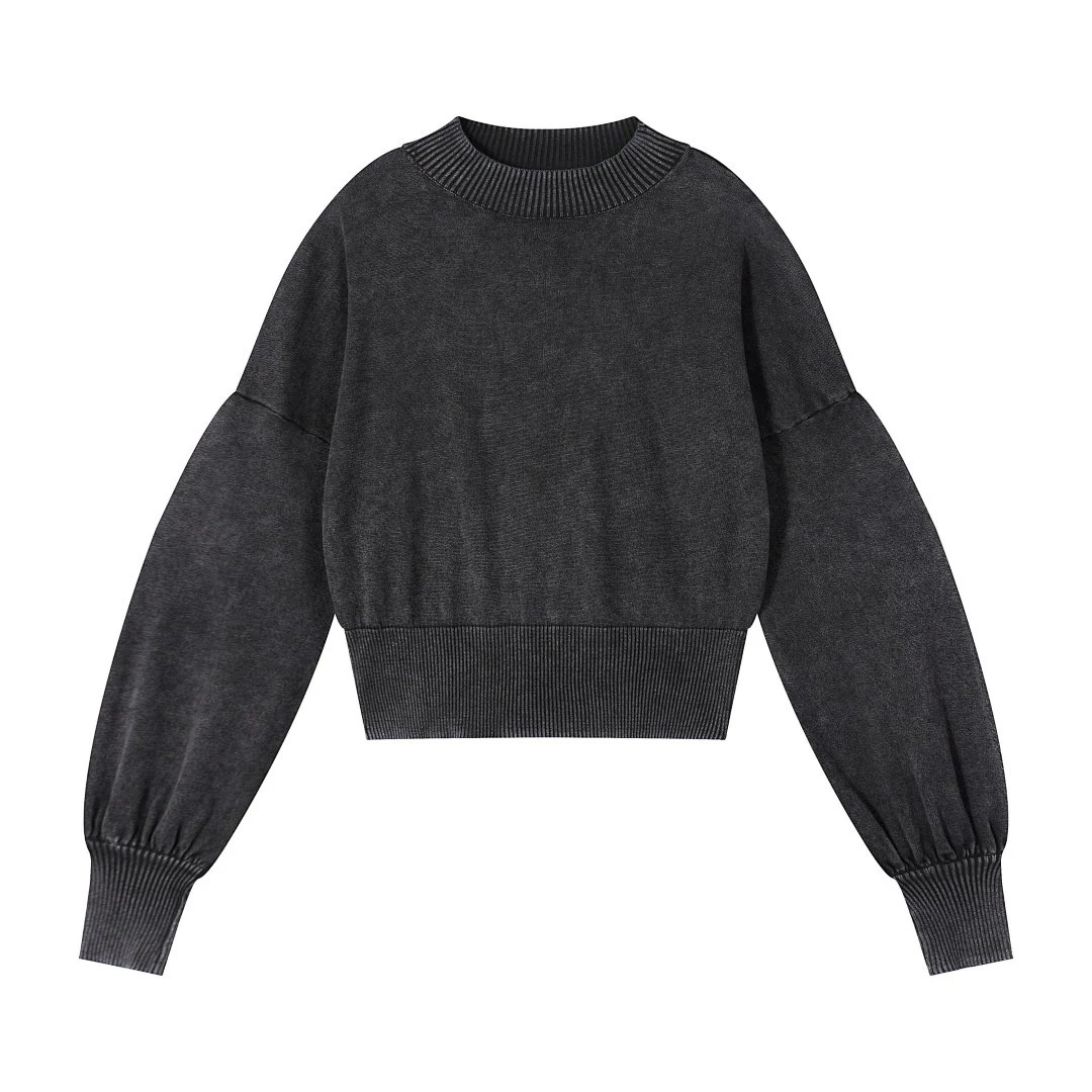 Cropped rib-edge knit pullover · MY-008 · Black · Front · Base garment photograph
