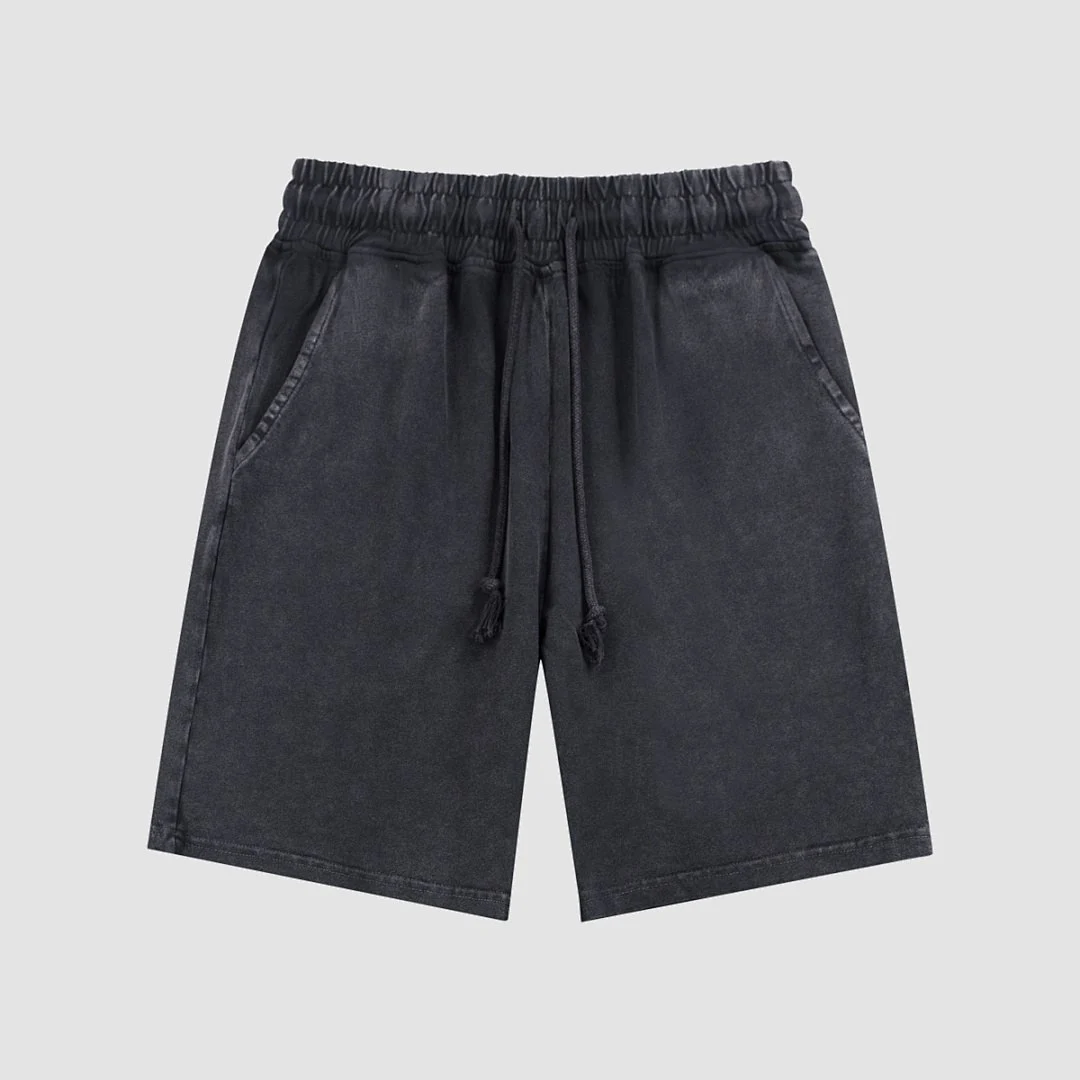 Snow-wash relaxed drawstring shorts · WK-04 · Black · Front · Base garment photograph