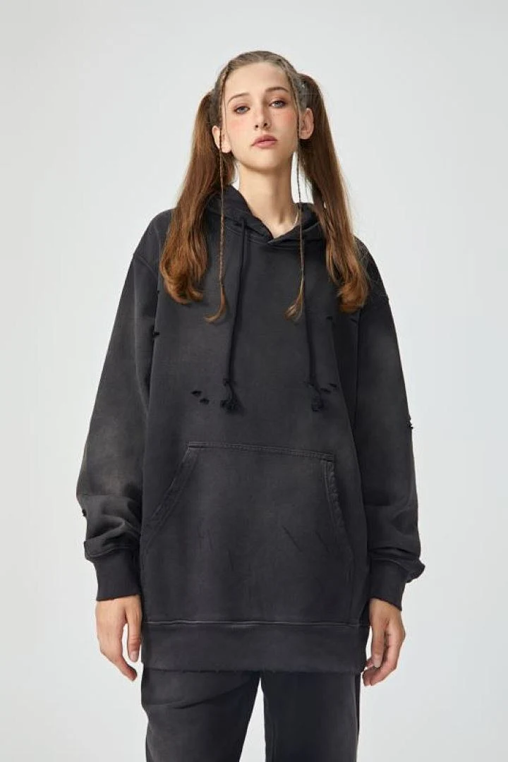 Distressed washed pullover hoodie · WY-08 · Black · Base garment photograph