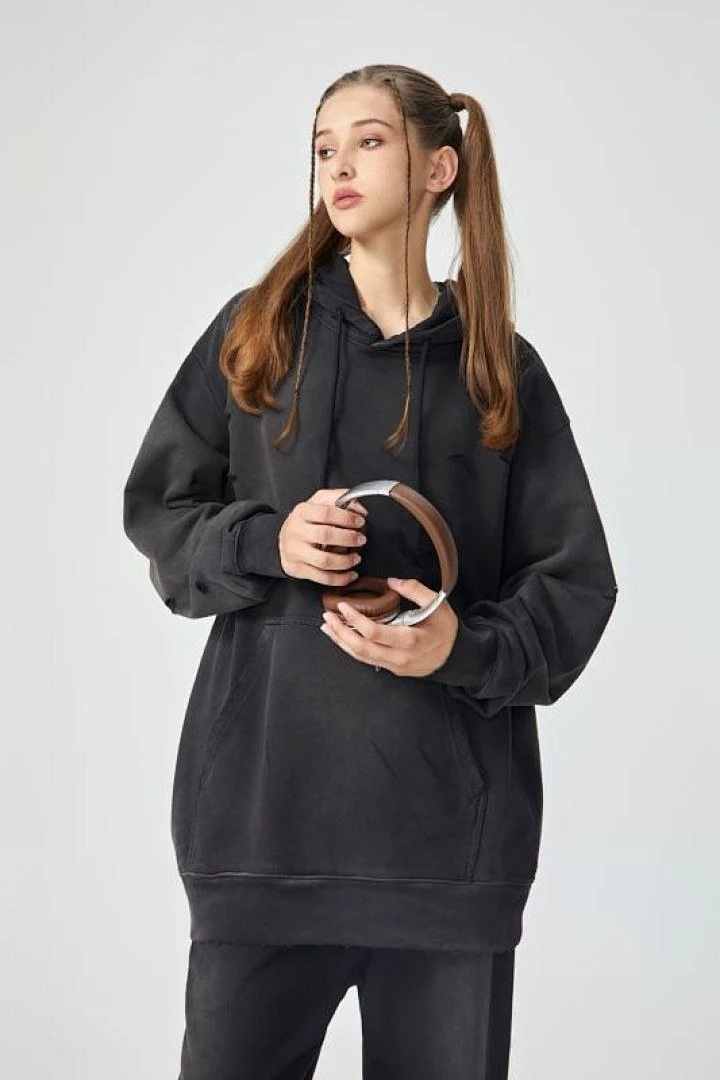 Distressed washed pullover hoodie · WY-08 · Black · Base garment photograph