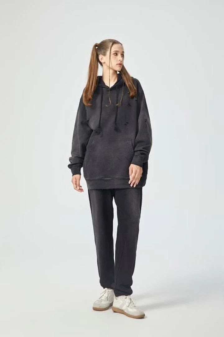 Distressed washed pullover hoodie · WY-08 · Black · Base garment photograph