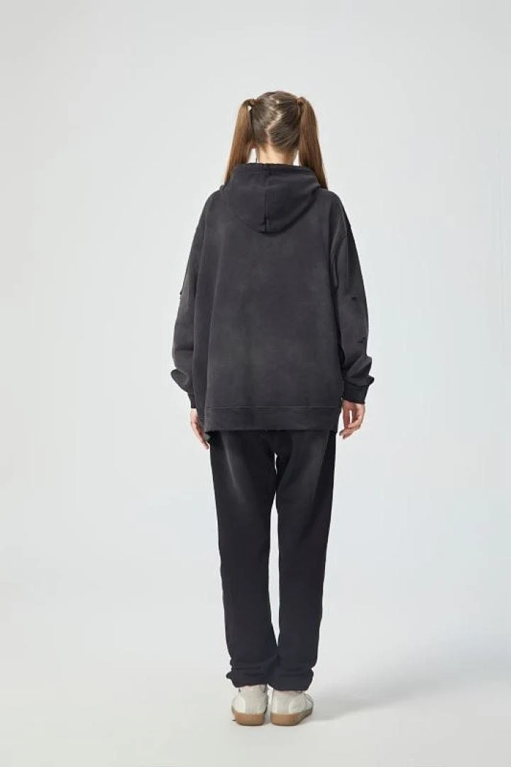 Distressed washed pullover hoodie · WY-08 · Black · Base garment photograph