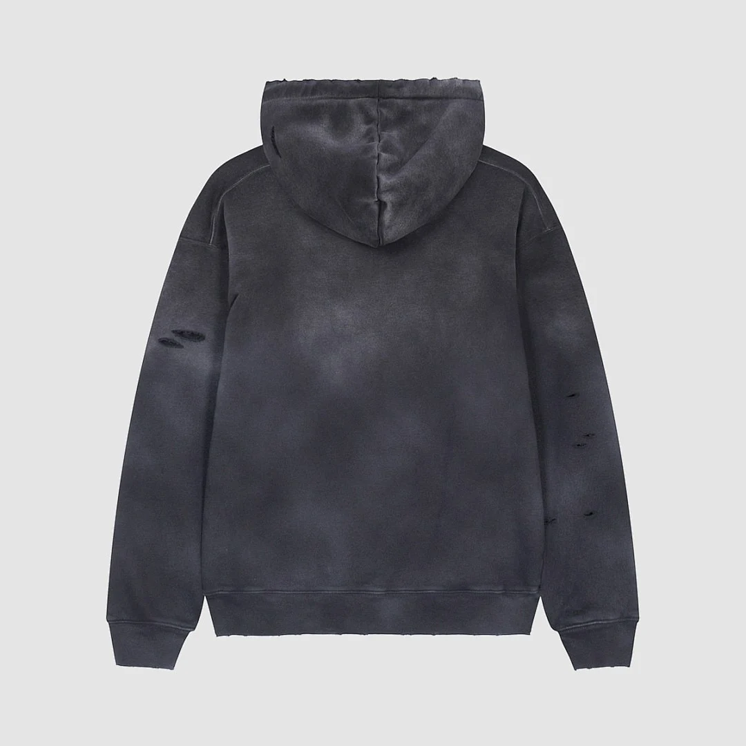 Distressed washed pullover hoodie · WY-08 · Black · Back · Base garment photograph