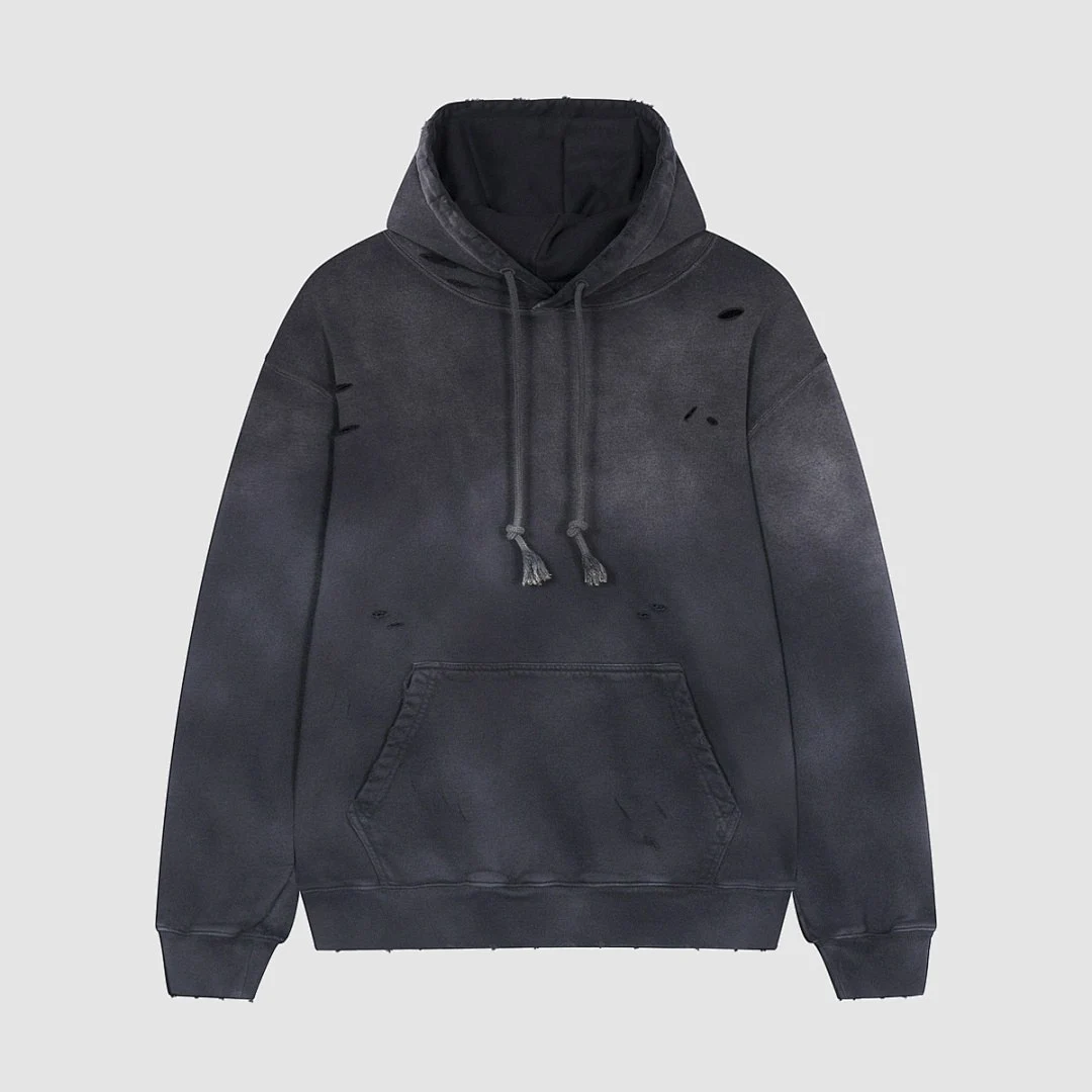 Distressed washed pullover hoodie · WY-08 · Black · Front · Base garment photograph