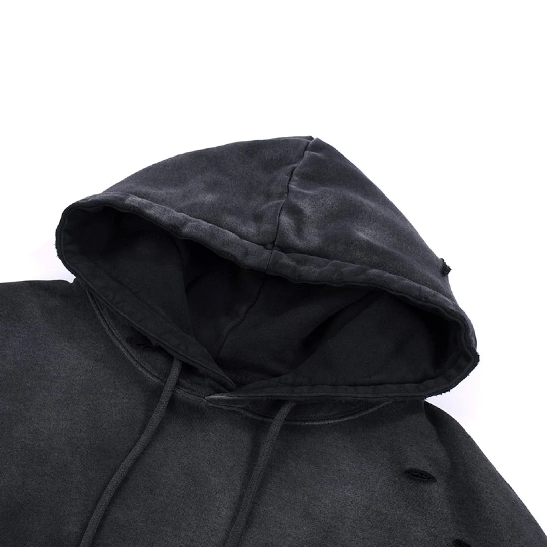 Distressed washed pullover hoodie · WY-08 · Black · Base garment photograph